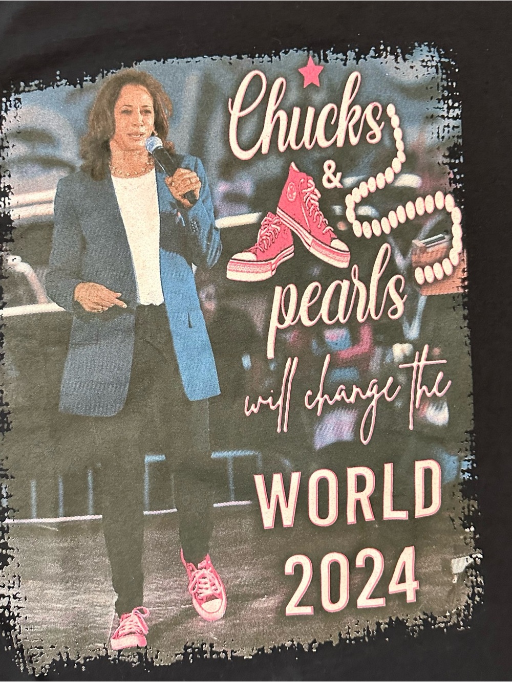 Kamala Harris T-Shirt Chucks & Pearls 2024 Size XXL Black Cotton